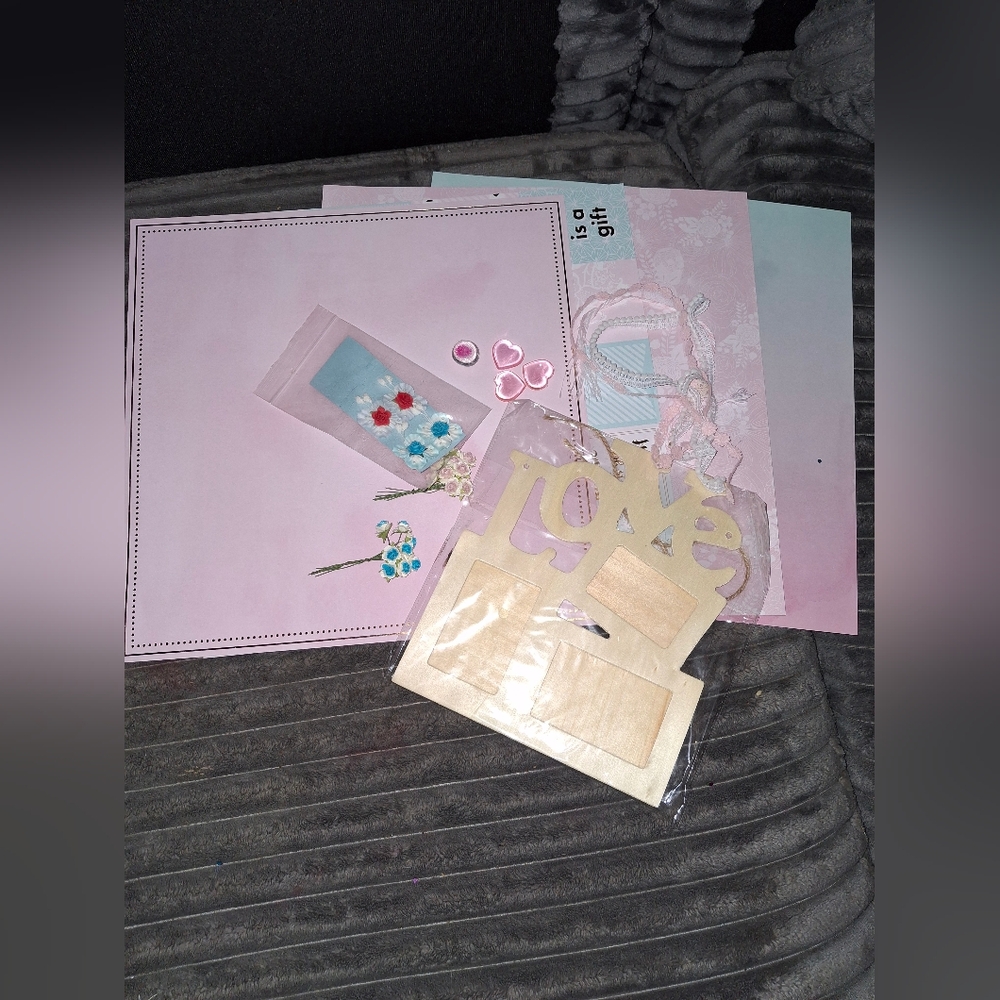Scrapbook Kit Mixed Media Photo Frame Pink Bkue Embellishments Art Craft Supply